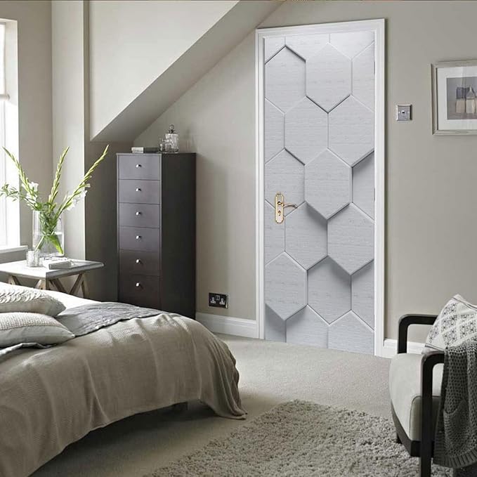 A.Monamour 3D Door Stickers for Interior Doors White Hexagon Geometric Pattern Vinyl Waterproof Self Adhesive Door Mural Decals for Bedroom Office Bathroom 85x215cm