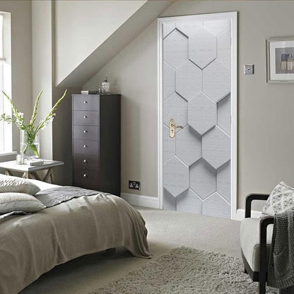 A.Monamour 3D Door Stickers for Interior Doors White Hexagon Geometric Pattern Vinyl Waterproof Self Adhesive Door Mural Decals for Bedroom Office Bathroom 77x200cm