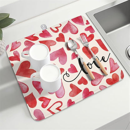 Valentine's Day Dish Drying Mat 16 x 18 Inch Heart Shaped Dish Drying Pad Absorbent Microfiber Mats for Red and Pink Dish Rack Pad for Kitchen Counter Coffee Bar Decor