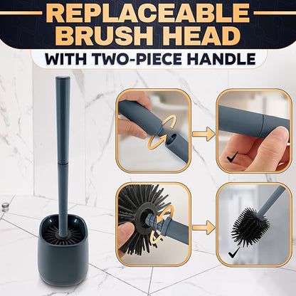 Toilet Brush and Holder Set - Silicone Toilet Brush Cleaner with Dark Grey Holder Base, Compact Accessory for Small Spaces - Easy to Place & Simple to Store After Use, Plastic Bathroom Cleaning Tool