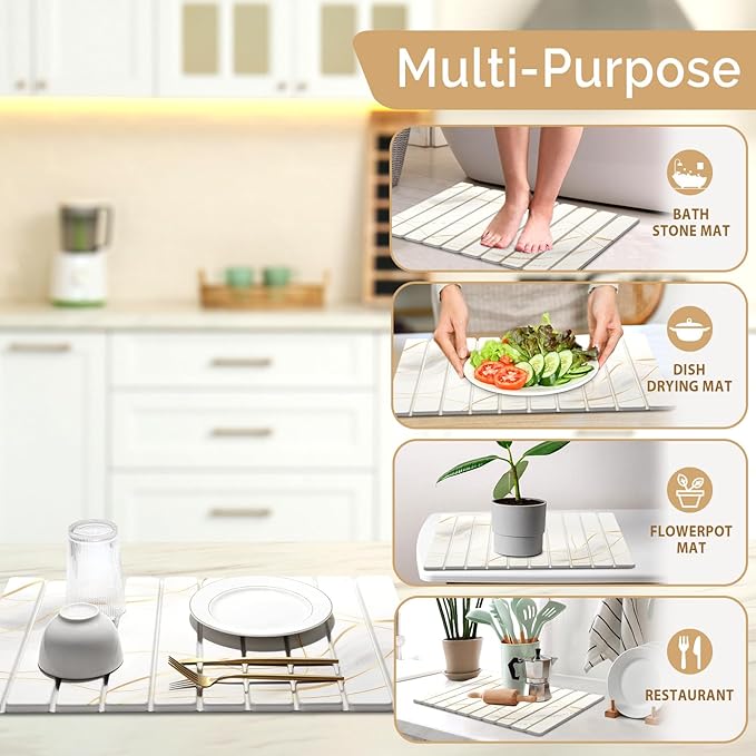 Large Stone Dish Drying Mat for Kitchen Counter, 2PCS Quick Dry Stone Dishes Mat,Foldable Water Absorbing Drying Organizer Pad for Plate Rack Bottles Utensils(Printed White Gold 24"×16" & 8"x4")