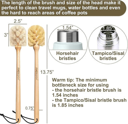Bottle Brushes with Natural Bristles, 13-3/4 Inch Long Wood Handle Bottle Brush Cleans and Scrubs Wide Mouth Jars, Glasses, Vases, Mugs and Pitchers, Sisal + Horsehair Bristles 2 Pack