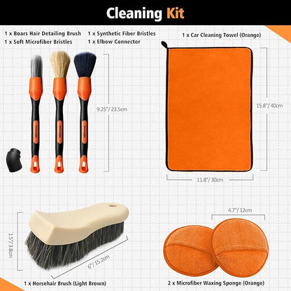 YeewayVeh 7PCS Car Interior Detailing Kit, Horse Hair Car Leather Brush, Applicator Pads and Microfiber Cloth for Car Interior & Seats Leather, Interior Car Cleaning Kit, Orange