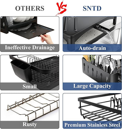 SNTD Dish Drying Rack for Kitchen Counter - Large Dish Rack with Drainboard, Rustproof Dish Drainer with Utensil Holder for Sink, Black