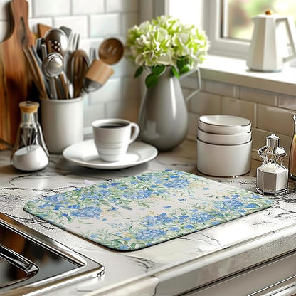 Blue Hydrangea Floral Dish Drying Mat for Kitchen Counter Spring Butterfly Flower Drainer Mat Absorbent Reversible Microfiber Heat Resistant Dry Pad Reusable Washable Dishes Pad 16x18 Inch
