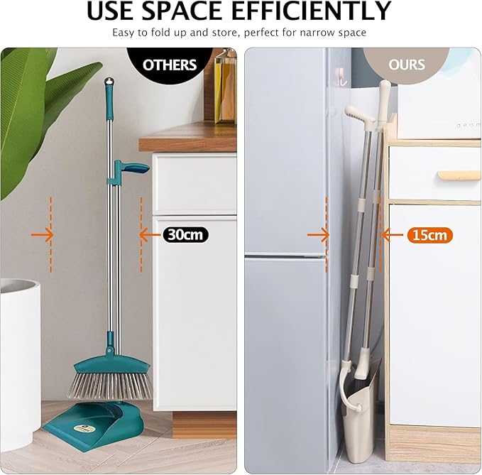 Broom and Dustpan Set with Long Handle, Light Weight Stainless Steel Poles Stand Upright Dustpans with Broom Combo for Home Kitchen Office Pet Dog Hair, Brown & Beige Color, 1-Pack
