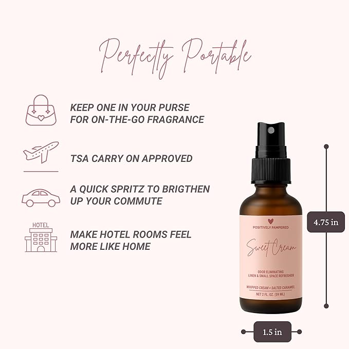 Sweet Cream Luxury Small Space Air & Linen Freshener Spray - Whipped Cream + Salted Caramel - Designer-Inspired Home Fragrance - Non Toxic Room Spray + Odor Eliminator - 2 oz Travel Size