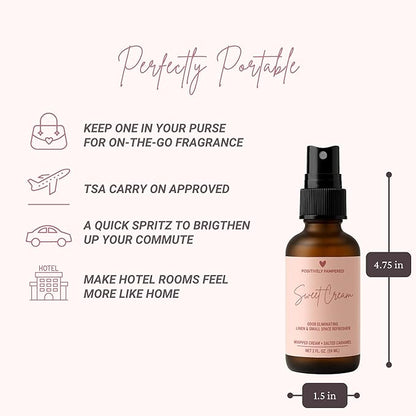 Sweet Cream Luxury Small Space Air & Linen Freshener Spray - Whipped Cream + Salted Caramel - Designer-Inspired Home Fragrance - Non Toxic Room Spray + Odor Eliminator - 2 oz Travel Size