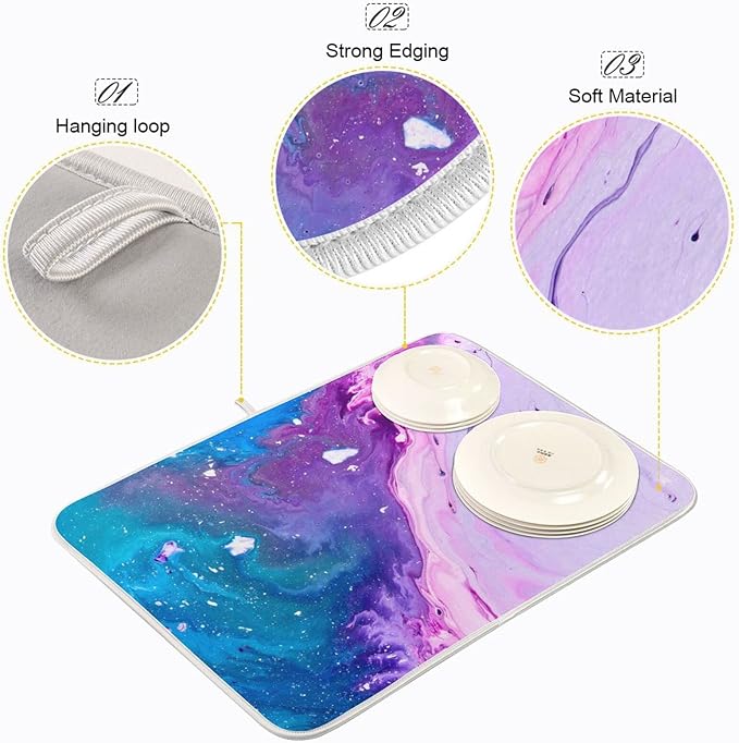 Super Absorbent Dish Drying Mat, Microfiber Fast-Drying Dish Mat, 24" x 18", Kitchen Dish Drying Pad, Abstract Purple Blue Marble