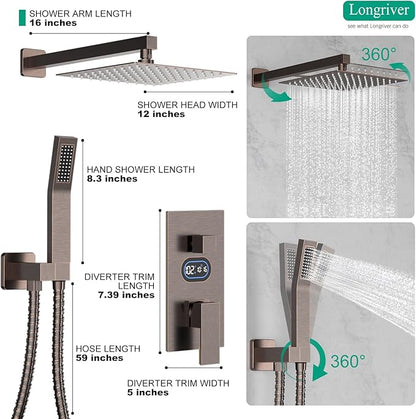 Longriver Shower Faucet Set with Hydro Power Temperature Display, Shower 12 Inch Shower Head with Handheld Spray, Wall Mounted Shower Fixtures with Shower Valve and Trim Kit, Oil Rubbed Bronze
