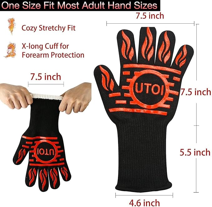BBQ Grill Gloves 1472°F Heat Resistant, XL Long Non-Slip Oven Mitts Grilling Gloves for Men, for Campfire Cooking & Fire Pit, Smoker, Outdoor Cooking Essentials, Washable, Red