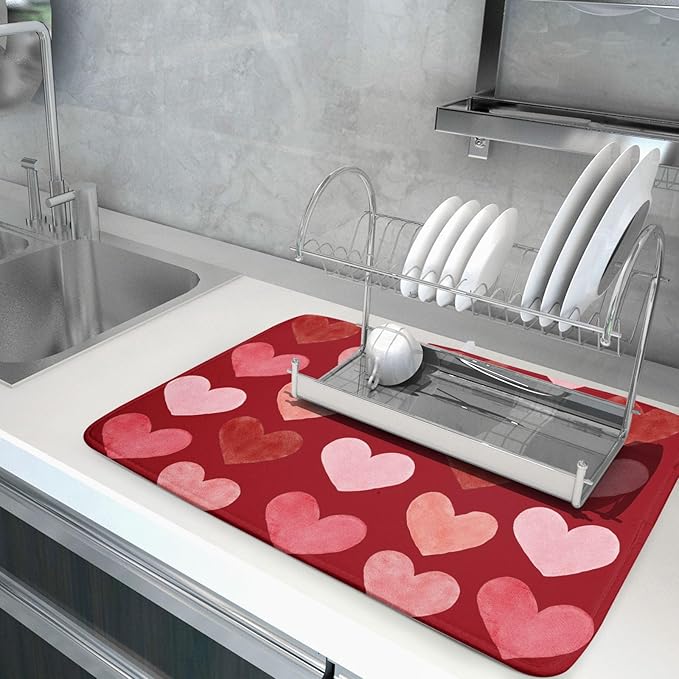 Valentines Day Dish Drying Mat 18 x 24 Inch With Absorbent Reversible Microfiber Pink Red Hearts Drying Anniversary Wedding Dish Drainer Mat Fast Dry For Kitchen Dining Room Decor