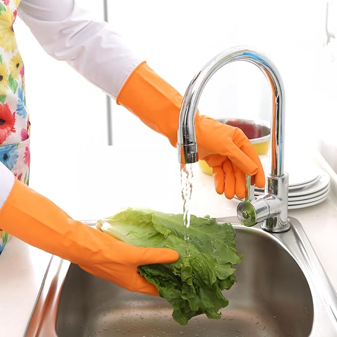 Bamllum Rubber Cleaning Gloves for Kitchen - 4 Pairs Reusable Dishwashing Gloves for Household, Flexible Long-lasting & Waterproof (Medium, Blue+Green+Red+Orange)