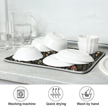 Mushroom Fern Leaves Berry Dish Drying Mat for Kitchen Counter Vintage Botanical Nature Drying Mats Super Absorbent Reversible Microfiber Kitchen Countertop Protector Dishes Pad Large18x24 inch