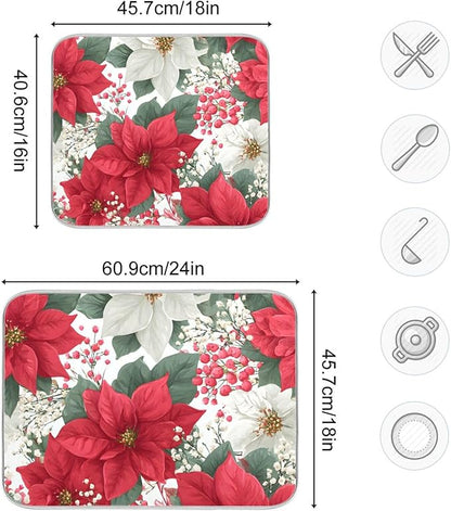 Red Poinsettias and Leaves Dish Drying Mat for Kitchen Counter Super Absorbent Drying Mat 18x24 inch Large Dish Drying Matts for Countertop Protector Dishes Pad