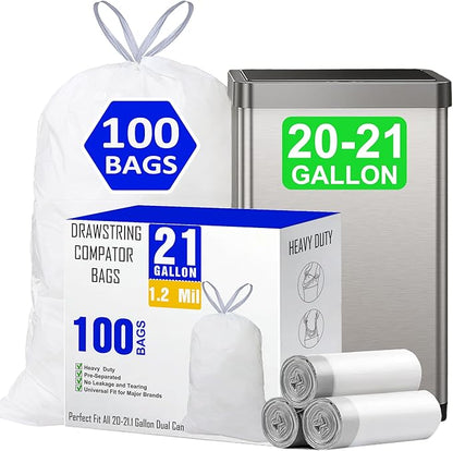 21 Gallon Drawstring Trash Bags 100 Count 1.2 Mil Heavy Duty Large Garbage Liners Fits All 20-21.1 Gallon 50-80 Liter Trash Can for Home Office Kitchen Compatible with Code G