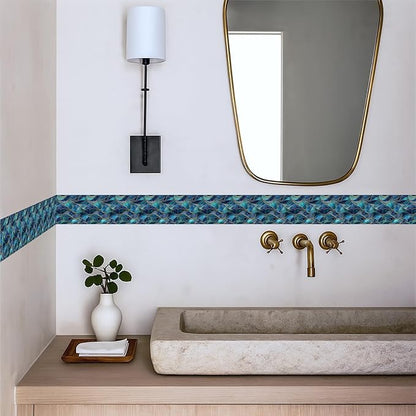Blue Geometric Mosaic Wallpaper Border 196x4 Inch Peel and Stick Wall Border Removable Vinyl Wall Trim Modern Pattern for Kitchen Bathroom Laundry Room Home Decor