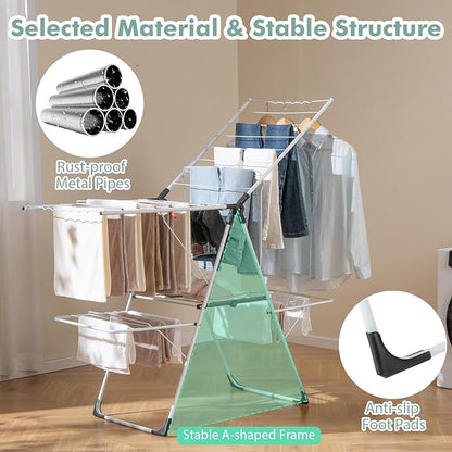 Giantex Clothes Drying Rack, 2-Layer Stainless Steel Foldable Laundry Drying Rack with 6-Level Adjustable Height, Useful Clips, Space Saving Freestanding Folding Collapsible Laundry Drying