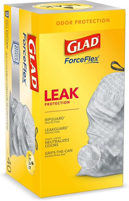 Glad ForceFlex Tall Kitchen Drawstring Trash Bags, 13 Gal, OdorShield, 40 Ct