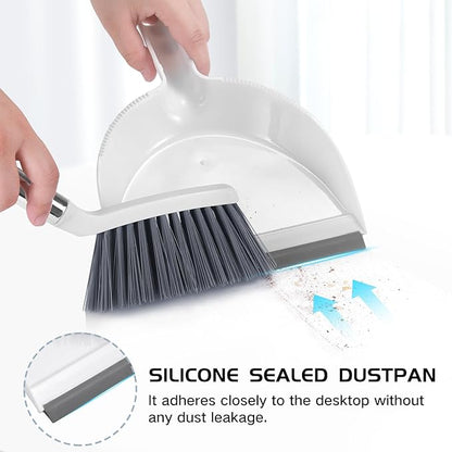 NACENA Mini Broom and Dustpan Set 2 Packs, Small Dust Pan and Brush Set with Handle Dustpan Teeth for Cleaning Hair Suitable for Office Desks Drawers Sofas Pet Care Outdoor Camping, White & Gray