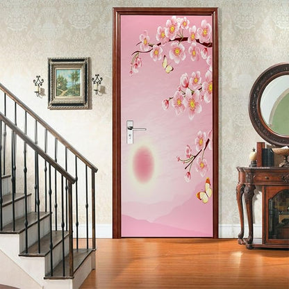A.Monamour 3D Door Stickers for Interior Doors Cherry Blossom and Butterfly on Pink Background Vinyl Waterproof Self Adhesive Door Mural Decals for Bedroom Office Bathroom 85x200cm