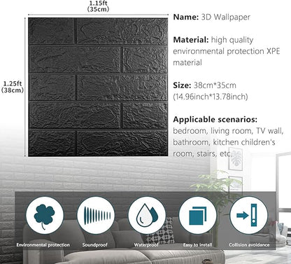 20 PCS Black 3D Wall Panels, 29 sq.feet Coverage Printable Wallpaper Sticker with Self-Adhesive Waterproof Brick PE Foam Wall Panels Peel and Stick for Interior Wall Decor, Home Decoration