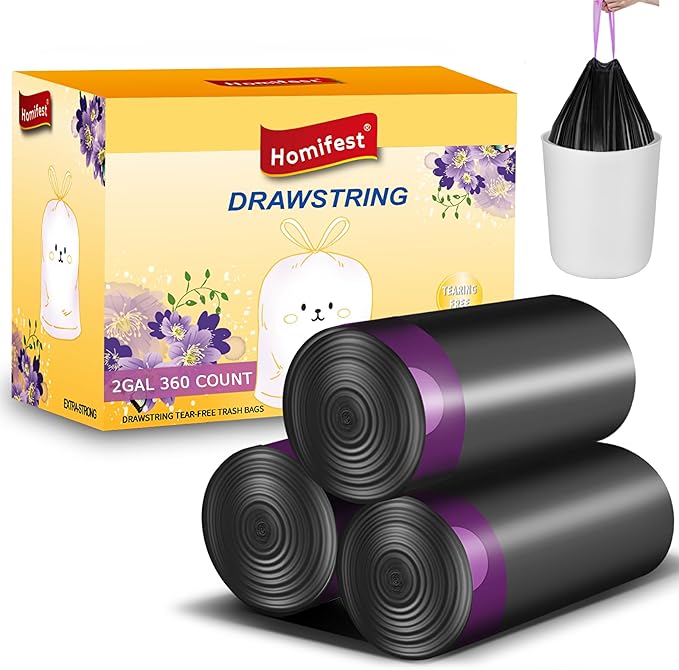 2.6 Gallon Drawstring Trash Bags,360 Count Black