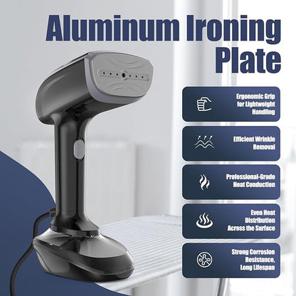 Powerful Handheld Fabric Steamer - 1800W with Fast Ceramic Heat-Up Plate, 2-in-1 Ironing & Wrinkle Remover, Steam Nozzle, Lint Brush - Black, for US 120V Only