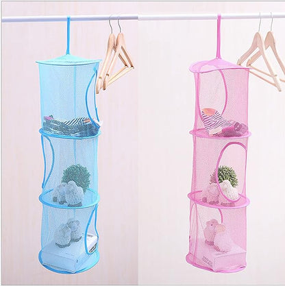 Mesh Hanging Storage Basket With 3 Compartments Foldable Hanging Storage Organizer Net Bag for Toys Storage, Space Saver Sundries Clothes Bra Underwear Socks Drying Basket Laundry Hamper (Pink)