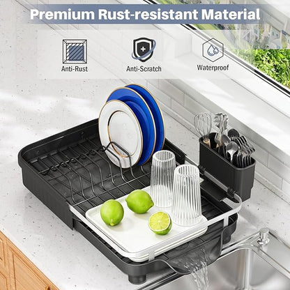 Kmiectse Dish Drying Rack – Expandable Dish Rack for Kitchen Counter, Stainless Steel Dish Drainer with Utensil Holder, Black