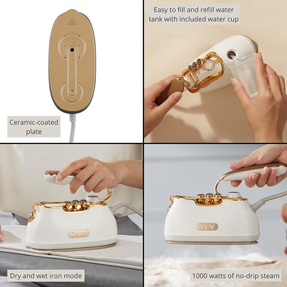 SALAV IS-900A Retro Handheld Garment Steamer + Iron, Ceramic Steam Plate, 1000 watts of Steam, Removes Wrinkles on Clothes (Steamer and Iron + Fabric Shaver and Lint Roller, Pearl)