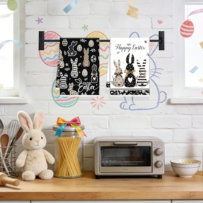 Happy Easter Kitchen Towels, Bunny Eggs Dish Towels Gifts for Cooking Cleaning Set of 4, Farmhouse Spring Rabbits Hand Towels for Bathroom Home Decor