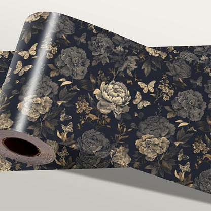 Dark Grey Vintage Floral Wallpaper Border 196x4 Inch Peel and Stick Wall Border Self Adhesive Removable Vinyl Wall Trim Elegant Rose Leaf for Kitchen Bathroom Bedroom Living Room Decor