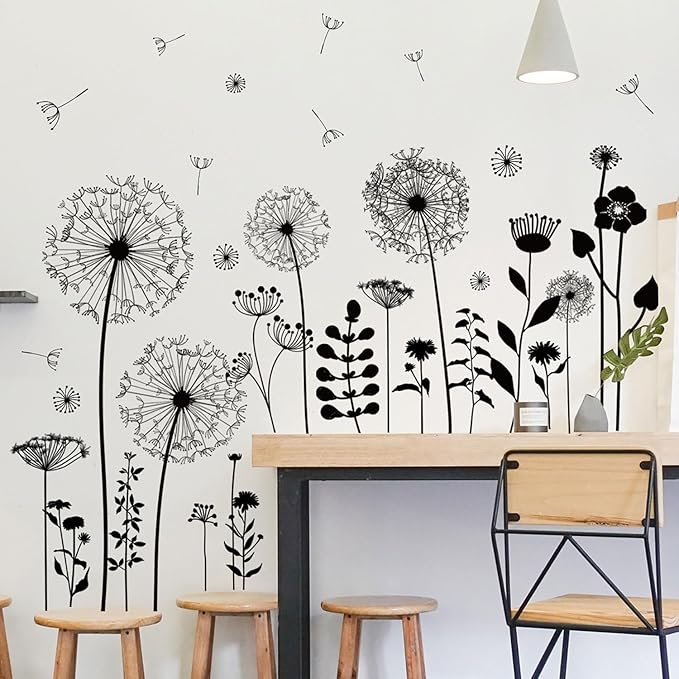 Black Dandelion Wall Decals Peel and Stick - Large Floral Wall Art Stickers with Flying Flowers, Boho Vintage Removable Vinyl Decor for Bedroom Living Room Nursery Bathroom