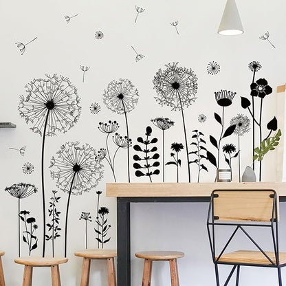 Black Dandelion Wall Decals Peel and Stick - Large Floral Wall Art Stickers with Flying Flowers, Boho Vintage Removable Vinyl Decor for Bedroom Living Room Nursery Bathroom