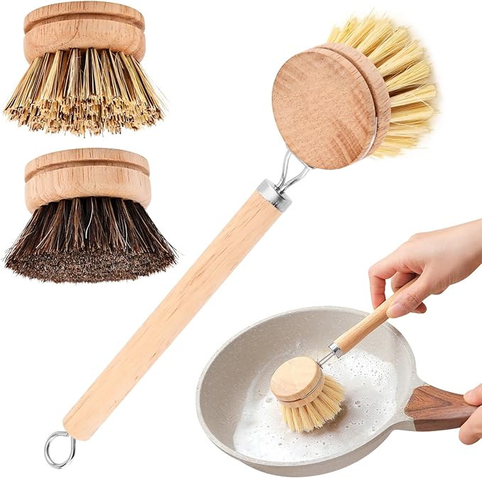 Bamboo Dish Brush with Handle, Wooden Handle with 3 Natural Bristle Heads, Natural Wood Dish Scrub Brush for Washing and Cleaning Pots and Pans
