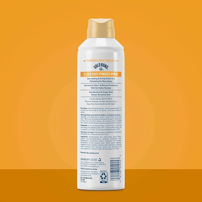 Gold Bond No Mess Clear Invisible Body Powder Spray, 7 oz., Absorbs Odor-Causing Sweat, Whole Body Deodorant Spray