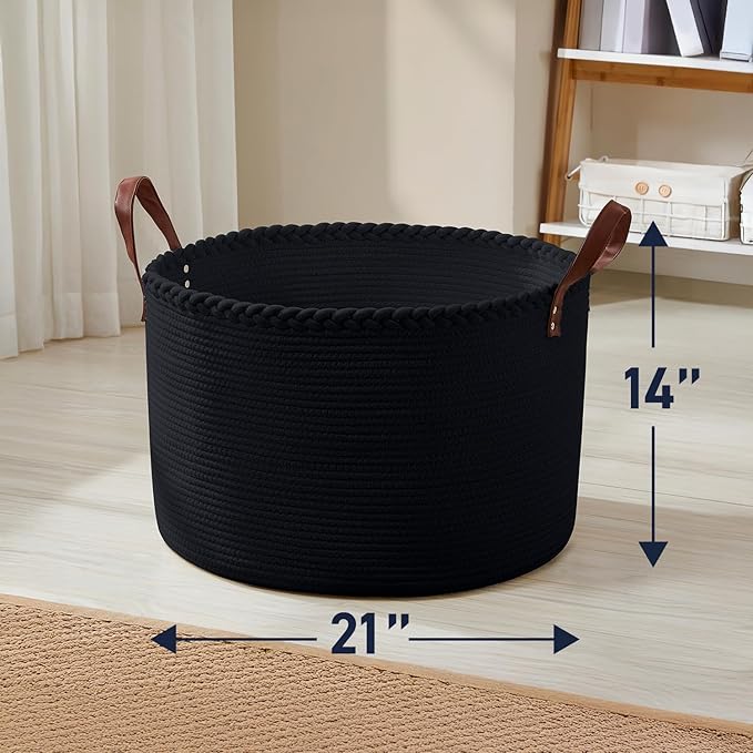 XLarge Round Cotton Rope Storage Basket Bin Organizer Laundry Hamper with Leather Handles, 21 x 21 x 14, Extra Large Blanket Woven Basket for Nursery - Black