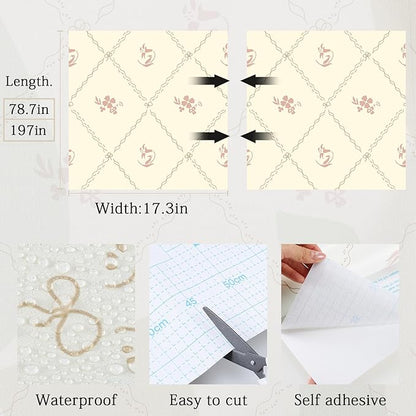 GloryTik Vintage Floral Wallpaper Peel and Stick, Removable Beige Flowers Contact Paper, Self Adhesive Wall Paper for Bedroom Living Room Cabinets Bedroom Vinyl Rolls (17.3" x 78.7")