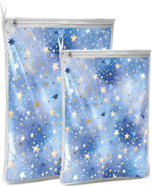 Mesh Laundry Bags Lingerie Bags for Washing Delicates 2 PCS Durable Wash Bag with Zipper Small and Medium Washable Blue Romantic Golden Stars