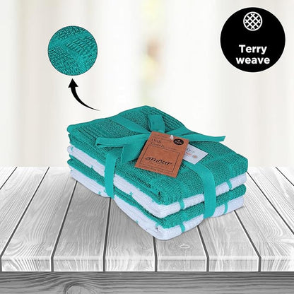 AMOUR INFINI Kitchen Towels Pack of 4 Absorbent, Quick Drying Premium Terry Cotton Dish Towel with Hanging Loop 16x28 Inch Hand & Tea Towels (Teal)