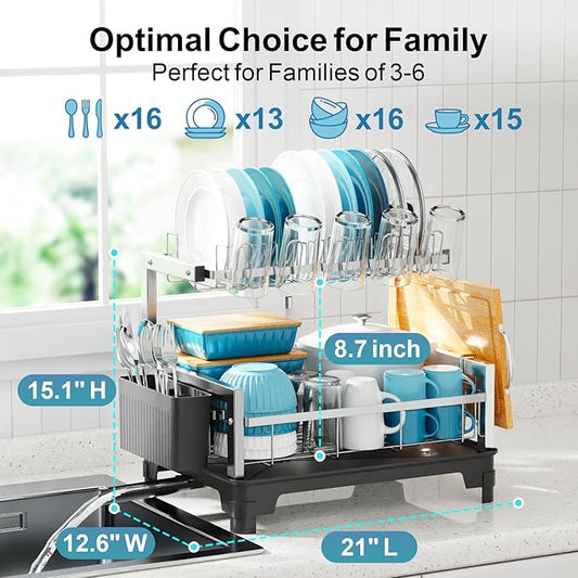 GSlife Stainless Steel Dish Drying Rack 2 Tier, Compact Dish Racks for Kitchen Counter with Cutting Board Holder, Auto-Drain Spout, Rust Proof Dish Drainer for Apartment, 21" L x 12.6" W, Silver