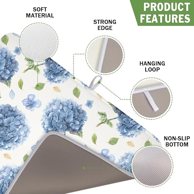 Spring Summer Hydrangea Dish Drying Mat for Kitchen Counter 16 x 18 Inch Blue Floral Dish Drainer Mat Absorbent Microfiber Dish Rack Pad for Holiday Coffee Dining Bar Decor