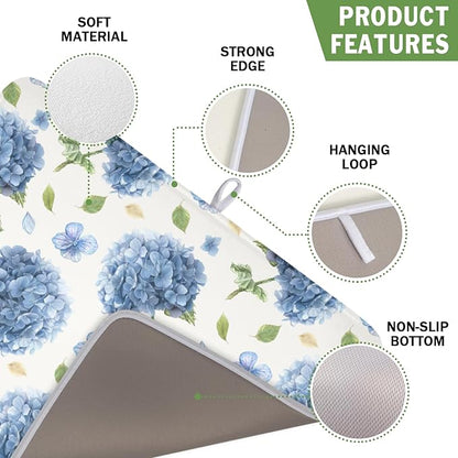 Spring Summer Hydrangea Dish Drying Mat for Kitchen Counter 16 x 18 Inch Blue Floral Dish Drainer Mat Absorbent Microfiber Dish Rack Pad for Holiday Coffee Dining Bar Decor