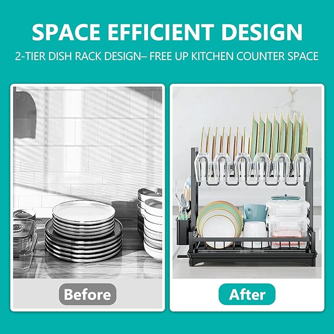 2-Tier Dish Drying Rack for Kitchen Counter, Dish Drainer Dish/Cup/Cutlery Holder Dish Drainer Rack 2 Tier Dish Racks with Utensils Holder, Drainboard & 360° Telescopic Drain Pipe (Black)
