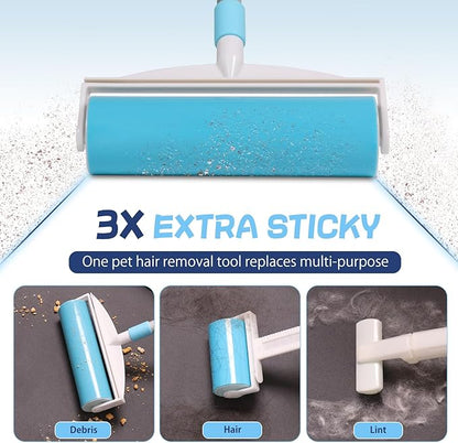 5-in-1 Pet Hair Remover Kit, Washable & Reusable Gel Lint Roller with 40.5" Extendable Handle, Cat Dog Hair Removal Tool, Carpet Rake & Grooming Gloves for Pets, Couch, Furniture, Clothes