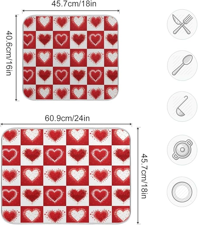 Valentine's Day Love Heart Red Buffalo Plaid Dish Drying Mat 16x18 for Kitchen Mother's Day Rose Pink Flowers Dishes Pad Dish Drainer Rack Mats Absorbent Fast Dry Kitchen Accessories