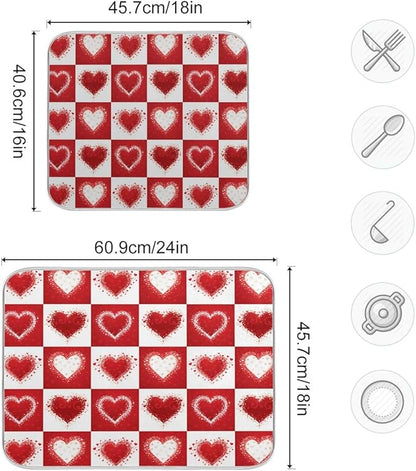Valentine's Day Love Heart Red Buffalo Plaid Dish Drying Mat 16x18 for Kitchen Mother's Day Rose Pink Flowers Dishes Pad Dish Drainer Rack Mats Absorbent Fast Dry Kitchen Accessories
