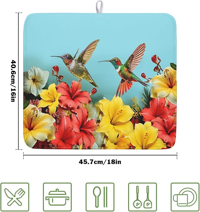 Kawani Spring Hummingbirds Floral Dish Drying Mat for Kitchen Counter 16x18 In Spring Hibiscus Tropical Drying Mat Fast Dry Absorbent Microfiber Dish Drainer Rack Pad Flower Mat for Countertop Decor