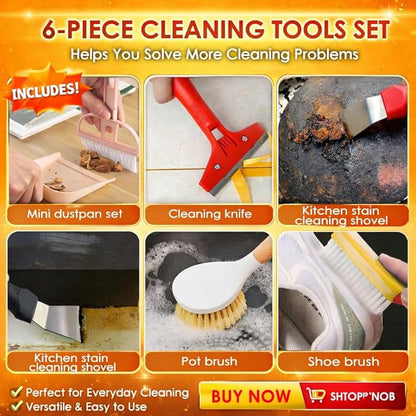 Broom and Dustpan Set with Long Handle, Upright Standing Self-Cleaning Combo, Windproof Dustpan with 6 Bonus Cleaning Tools for Pet Hair, Home, Kitchen, Garage & Apartment